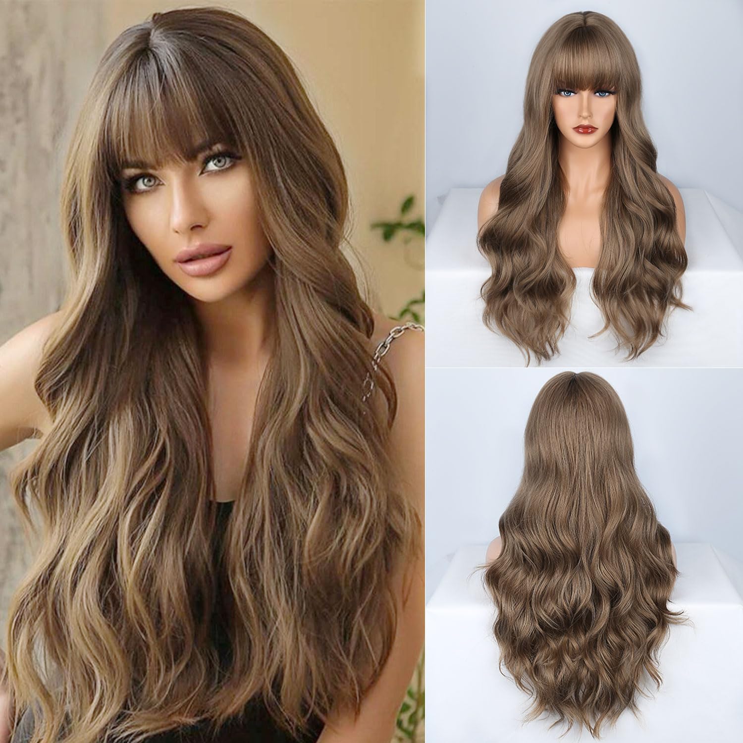 Fulang Hair Long Wave Brown Wigs for Women Long Curly Wigs with Bangs Synthetic Hair Heat Resistant Wig for Daily Party Cosplay Use