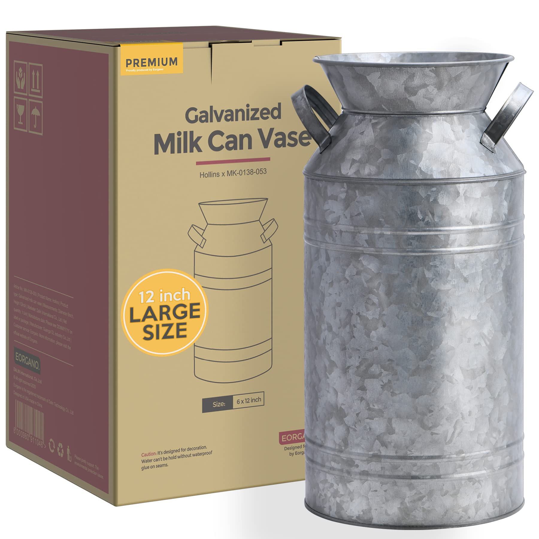 Buy (12" inch) Large Galvanized Metal Farmhouse Milk Can Vase for Front