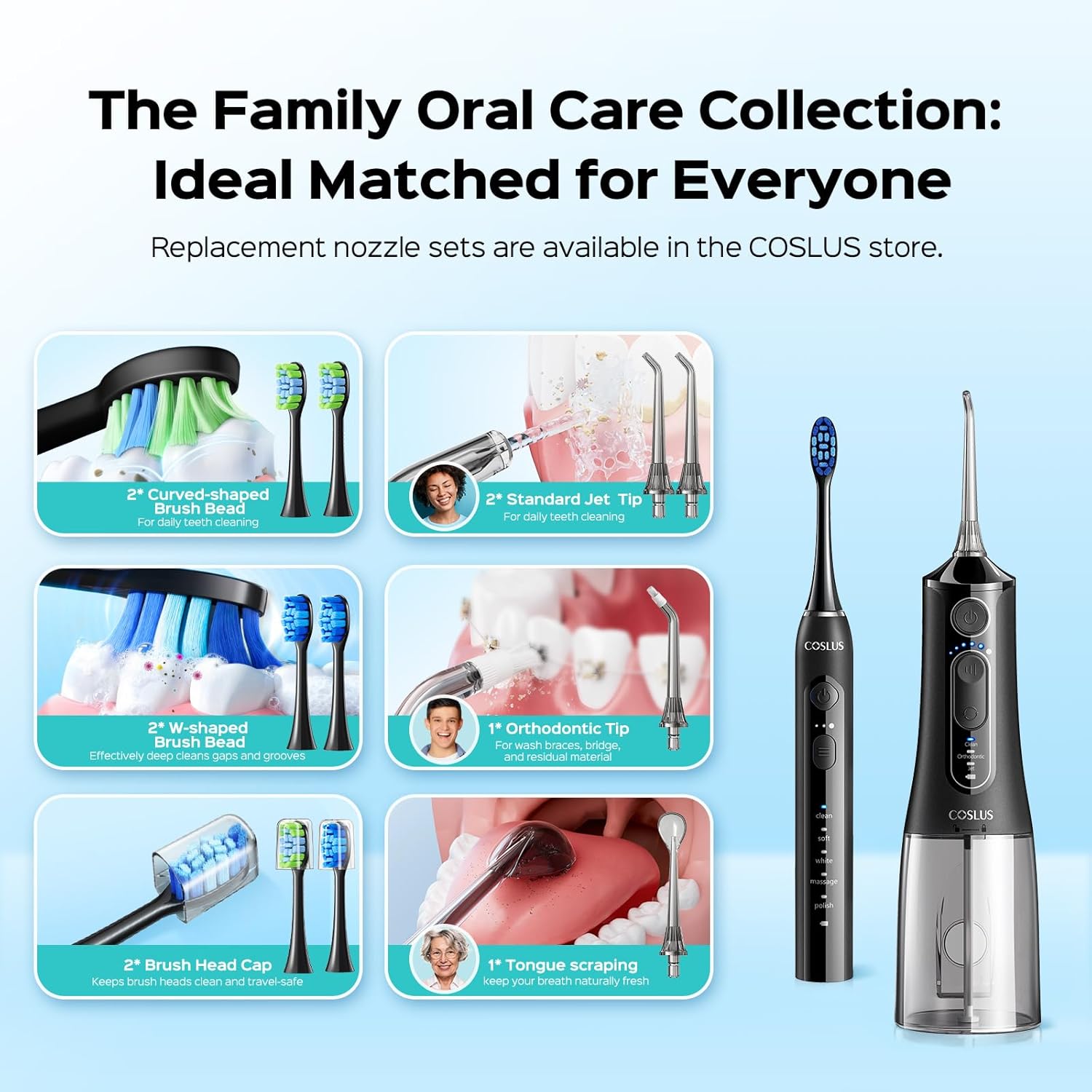 COSLUS C51C30 Electric Toothbrush with Water Flosser Combo: Portable Oral Clean Kit for Teeth Brushing & Flossing, Multiple Modes for Multiple Users, Cordless for Home & Travel Use, Black