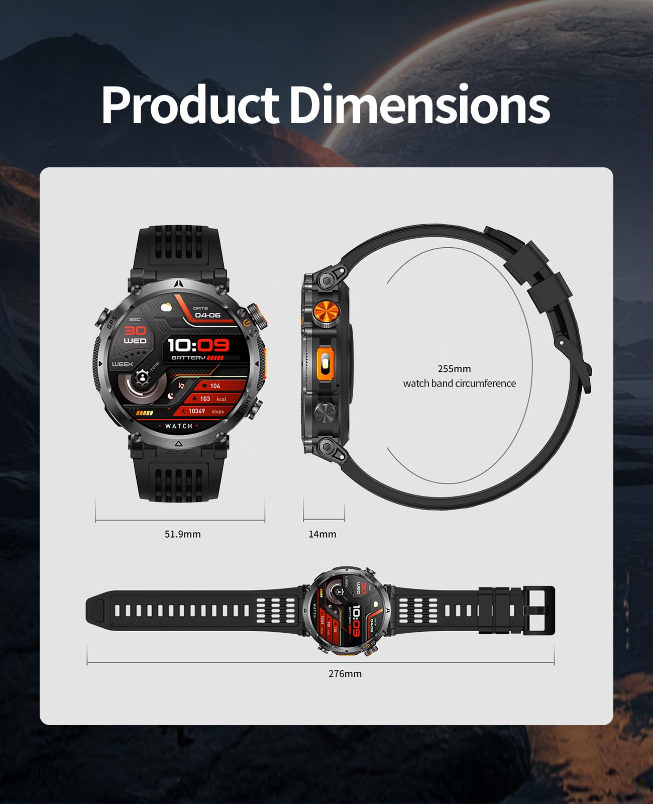 Orologio sportivo GPS da uomo, con schermo HD da 1,7 pollici, torcia a LED, durata della batteria 850 mAh, modalità multi-sport, cardiofrequenzimetro, Bluetooth, chiamate, smartwatch militare per