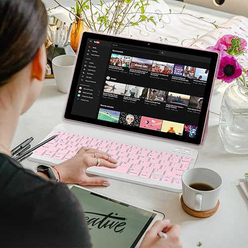 Miniatura 7 de Tablet Android 15, tableta 2 en 1 de 10 pulgadas con funda para teclado, 8 GB+32 GB ROM1 TB, Quad Core, Dual Carema, juegos, Wi-Fi, BT, GM (rosa)