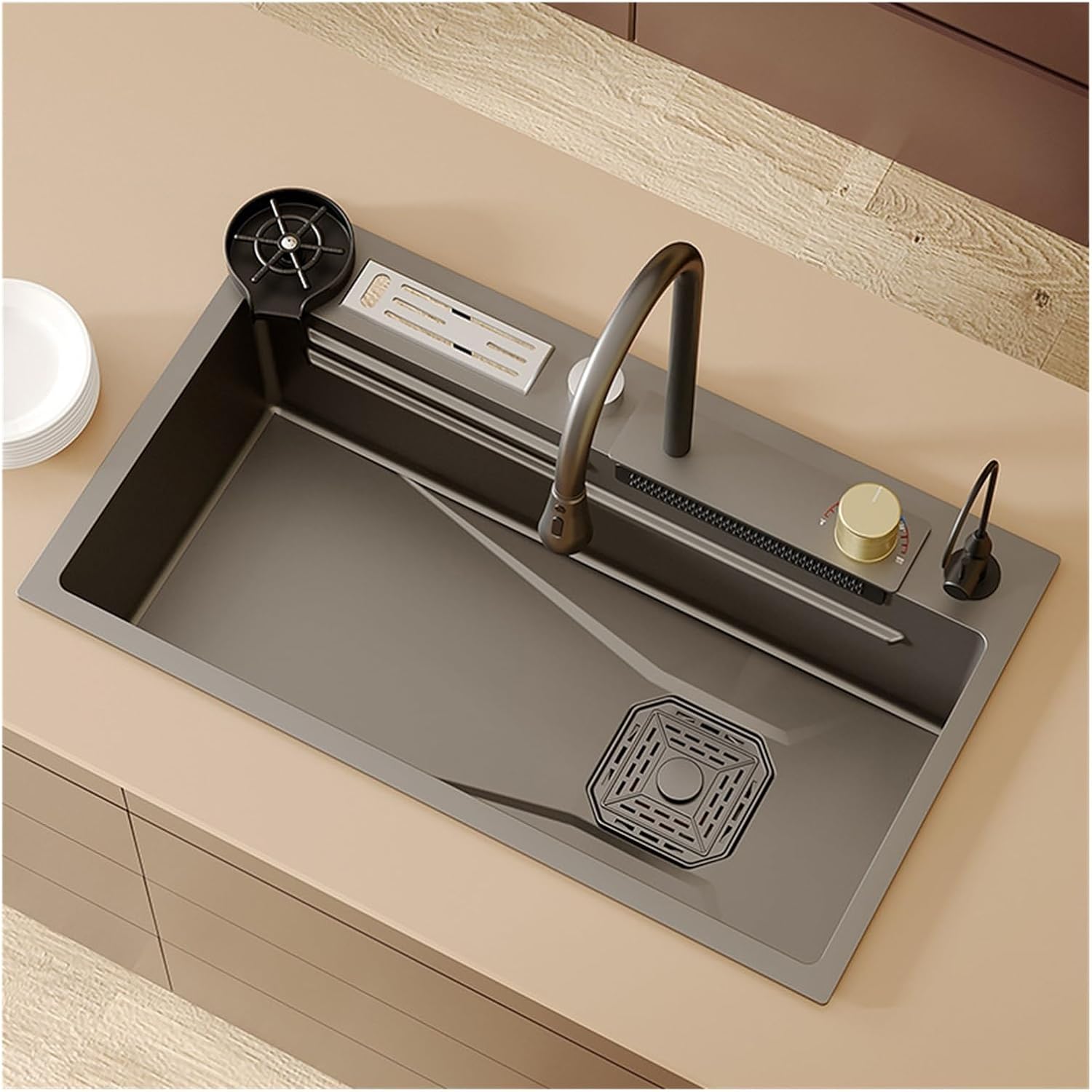 Waterfall 304 Stainless Steel Sink Large Single Slot Thickened Vegetable Wash Basin Dishwashing Sink Kitchen Accessories(8045 Set 3)