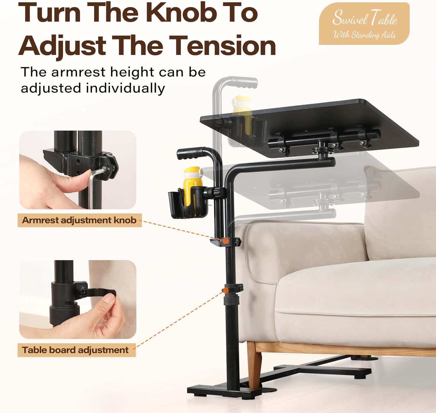 23.6"*15.7" Tray Table, 360° Swivel Table for Recliner, Tv Tray with Ergonomic Stand Assist Safety Individually Adjustable Handle, Laptop Desk for Couch, Sofa and Recliner