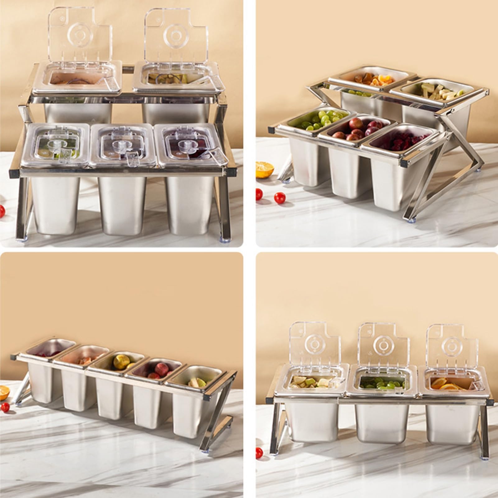 Questa Stazione per condimenti per Pizza con Coperchio Ribaltabile e Set di Palette, Supporto Organizer per spezie in Acciaio Inossidabile, Porta guarnizioni Inclinato da banco per Salse, ma