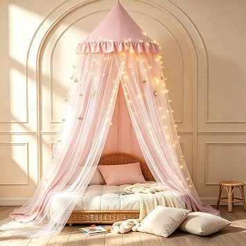 Kertnic Large Dome Bed Canopy for Kids Room Double Layer Mosquito Net Hanging Play Tent Kids Reading Canopy Princess Castle Dreamy Bedding Girls Room Home Decor Beige Pink