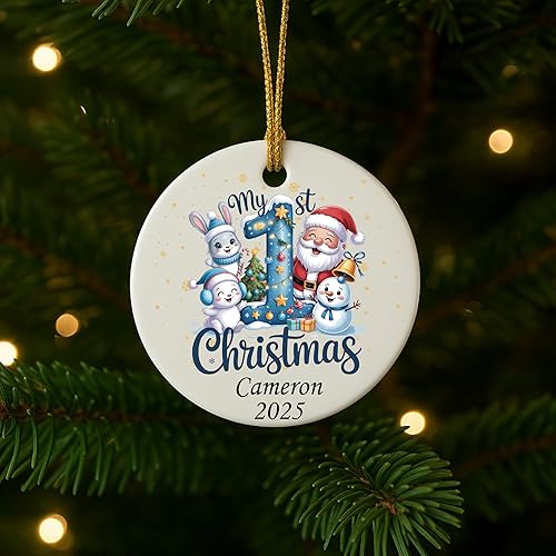 Miniatura 3 de Adorno personalizado de mi primera Navidad 2025 Recuerdo redondo de cerámica con nombre personalizado Decoración de árbol de Navidad para bebés