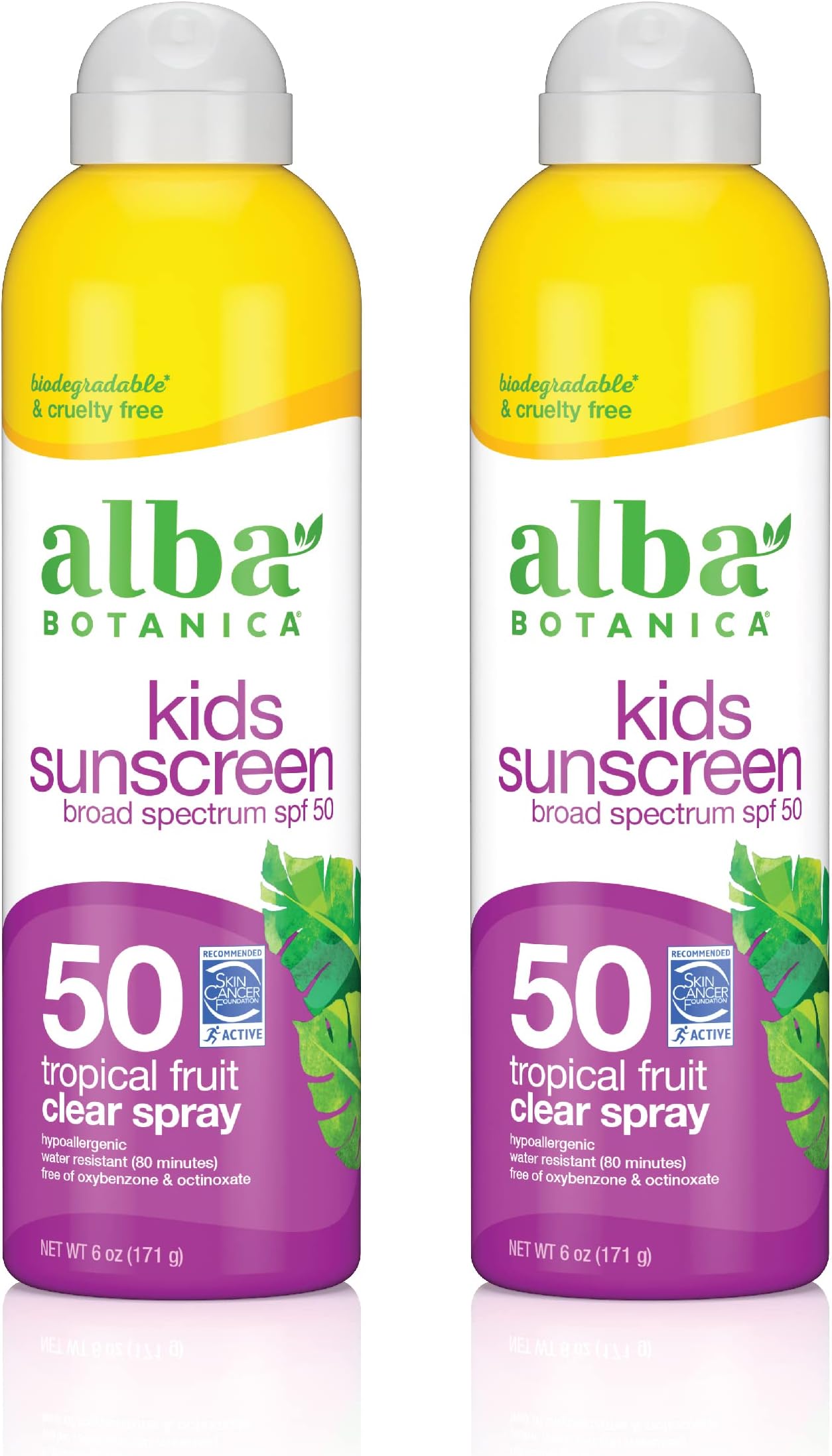 Alba BotanicaKids Sunscreen for Face and Body, Tropical Fruit Sunscreen Spray for Kids, Broad Spectrum SPF 50, Water Resistant and Hypoallergenic, 6 fl. oz. Bottle (Pack of 2)