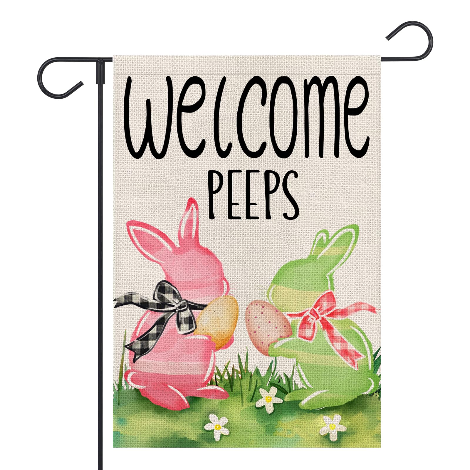 FUYUCHEN Welcome Peeps Easter Garden Flag 12x18 Inch Double Sided Outside Eggs Bunny Bow Yard Holiday Flag