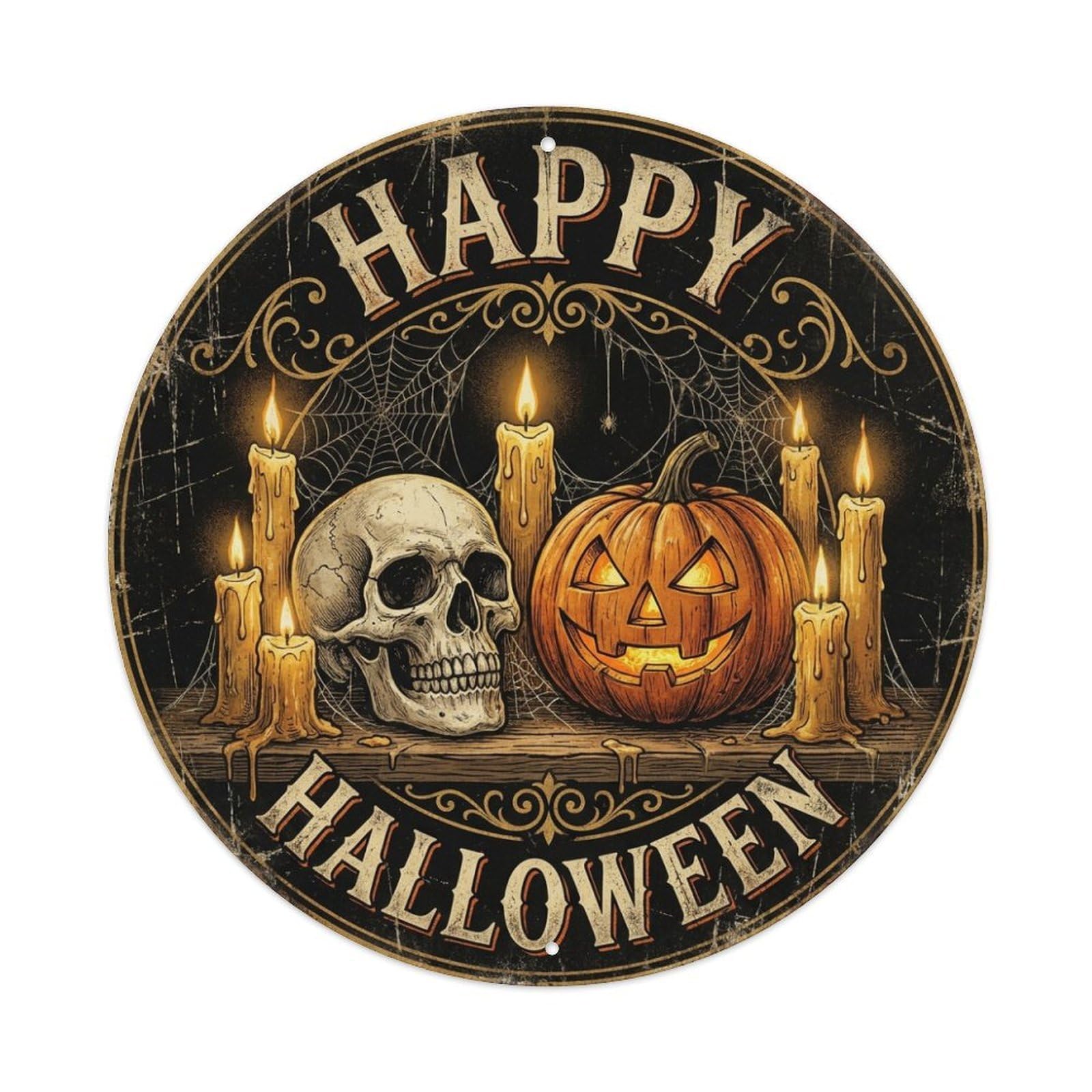Skull Pumpkin Candle Happy Halloween Positive Saying Metal Tin Sign