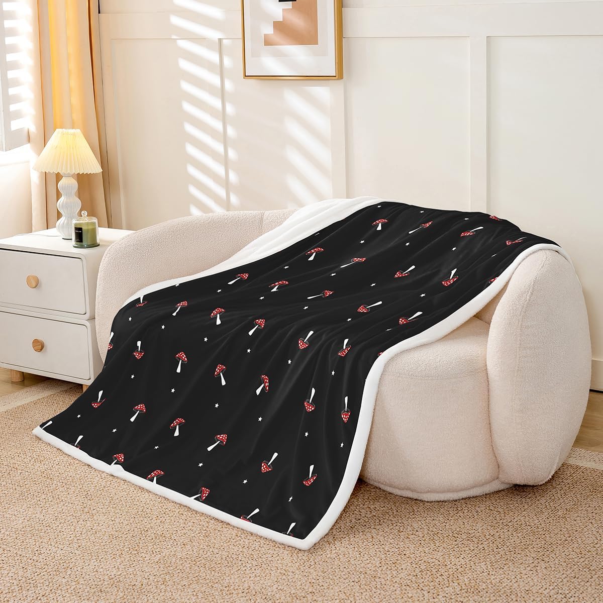 Cute Mushroom Kawaii Flannel Sherpa Blanket - Red Mushroom Warm Plush, Twin 60"x80" Botanical Farmhouse Bed Blanket For Couch, Sofa