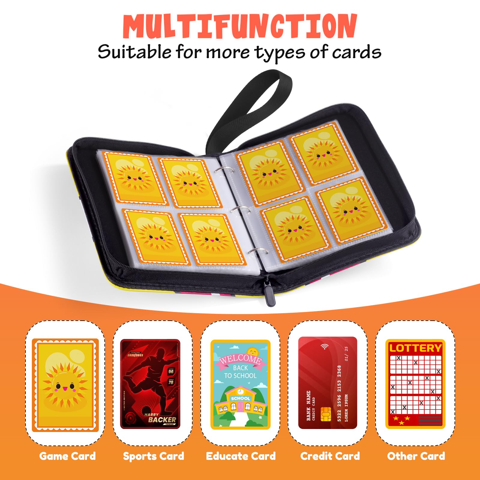 Trading Card Binder-400 Card Holder, 4 Pockets with Removable 50 Sleeves, Card Collector Album with Zipper, Portable Display Storage Holder Book for Sports Card, Game Card(Yellow)