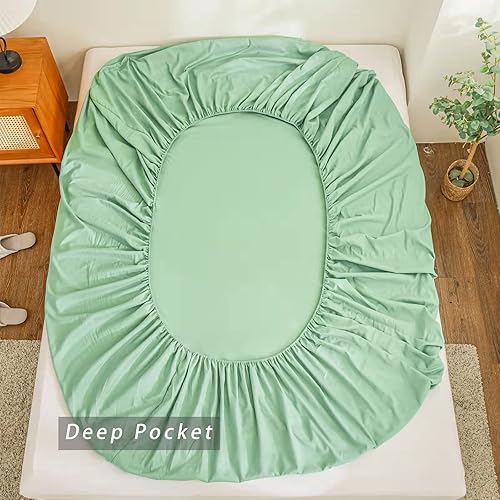 Miniatura 5 de Sábanas bajeras de tamaño Queen, color verde frijol, supersuaves, transpirables, cómodas, de color sólido, sábanas bajeras de bolsillo extra