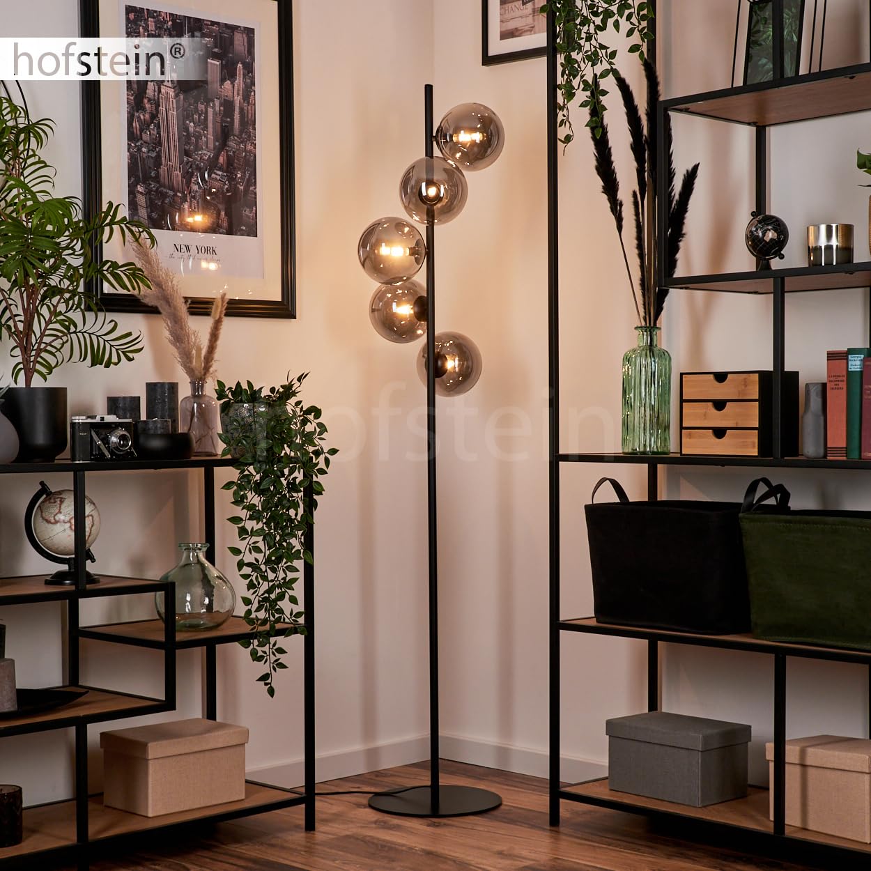 Stehleuchte Remaisnil, Stehlampe aus Metall/Glas in Schwarz/Rauchfarben, Standlampe im Retro/Vintage-Design mit Schirmen aus Glas (Ø 15 cm) u. Fußsschaler, Höhe 160 cm, 5 x G9, ohne Leuchtmittel
