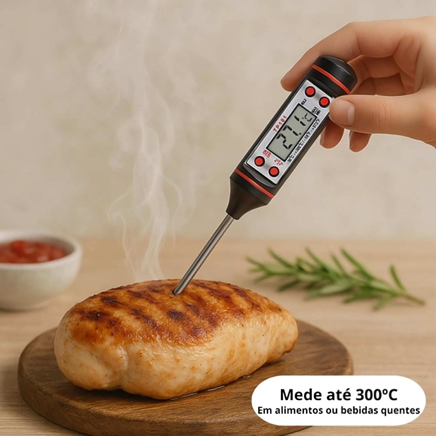 Termômetro Culinário Digital Inox à Prova D’Água Leitura Rápida -50ºC a 300ºC Função Hold Display LCD Ideal para Carnes, Frituras, Doces e Bebidas Linha Premium