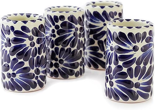 Miniatura 16 de Juego de 4 vasos de chupito Talavera auténticos mexicanos para tequila - Pintados a mano - 2 Oz (Flores naranjas)