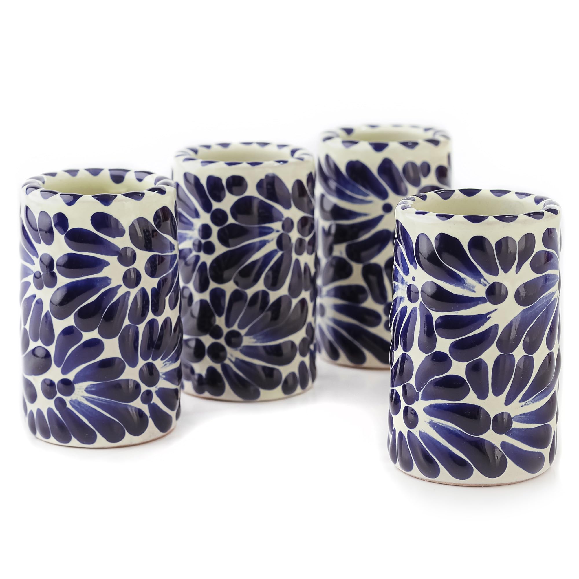Talavera Mexican Shot Glasses Set of 4 (2 oz) | Authentic Hand-Painted Ceramic Tequileros | Heavy Duty Caballitos for Tequila, Mezcal &amp; Liquors | Blue &amp; White Jaln Azul Floral Design