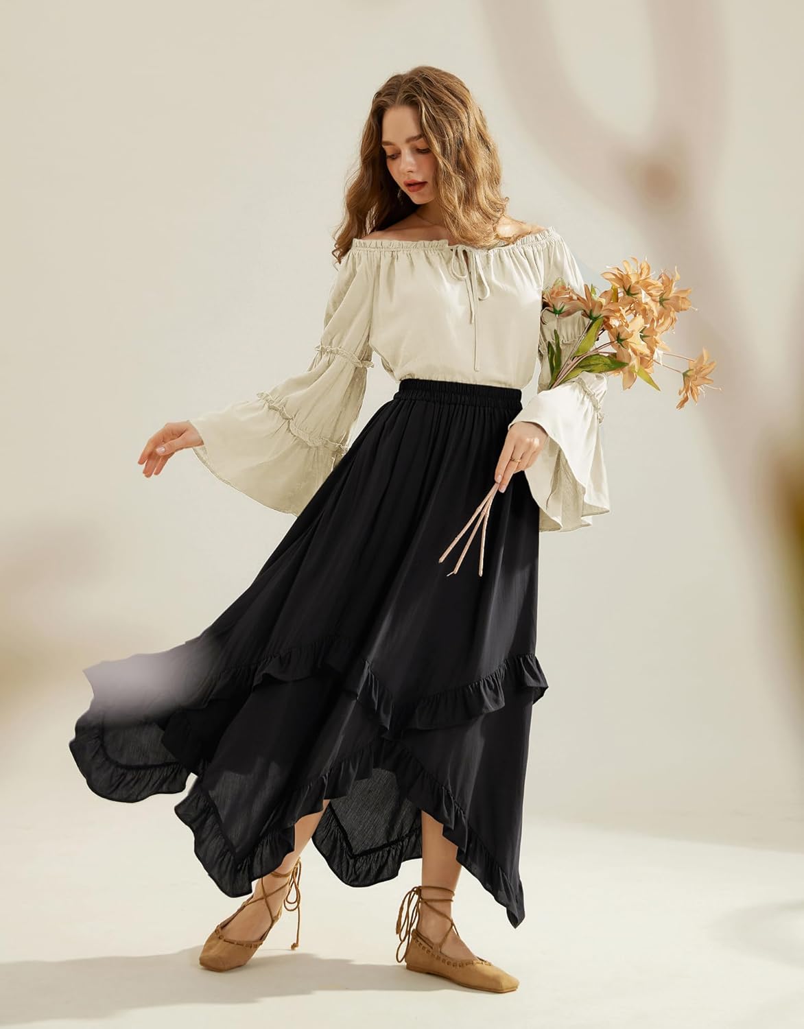 Scarlet Darkness Women Bell Sleeve Tops Ruffle Off Shoulder Casual Loose Renaissance Peasant Blouse - Image 4