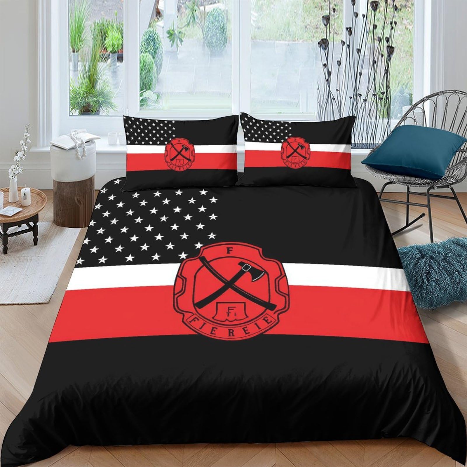 Ctjqhvkz Style-6 3D Printed Firefighter Flag Fitted Sheet Microfiber Soft Anti-Slip Black Red Stripe Bed Cover For Bedroom Guest Room Single（135X200cm）