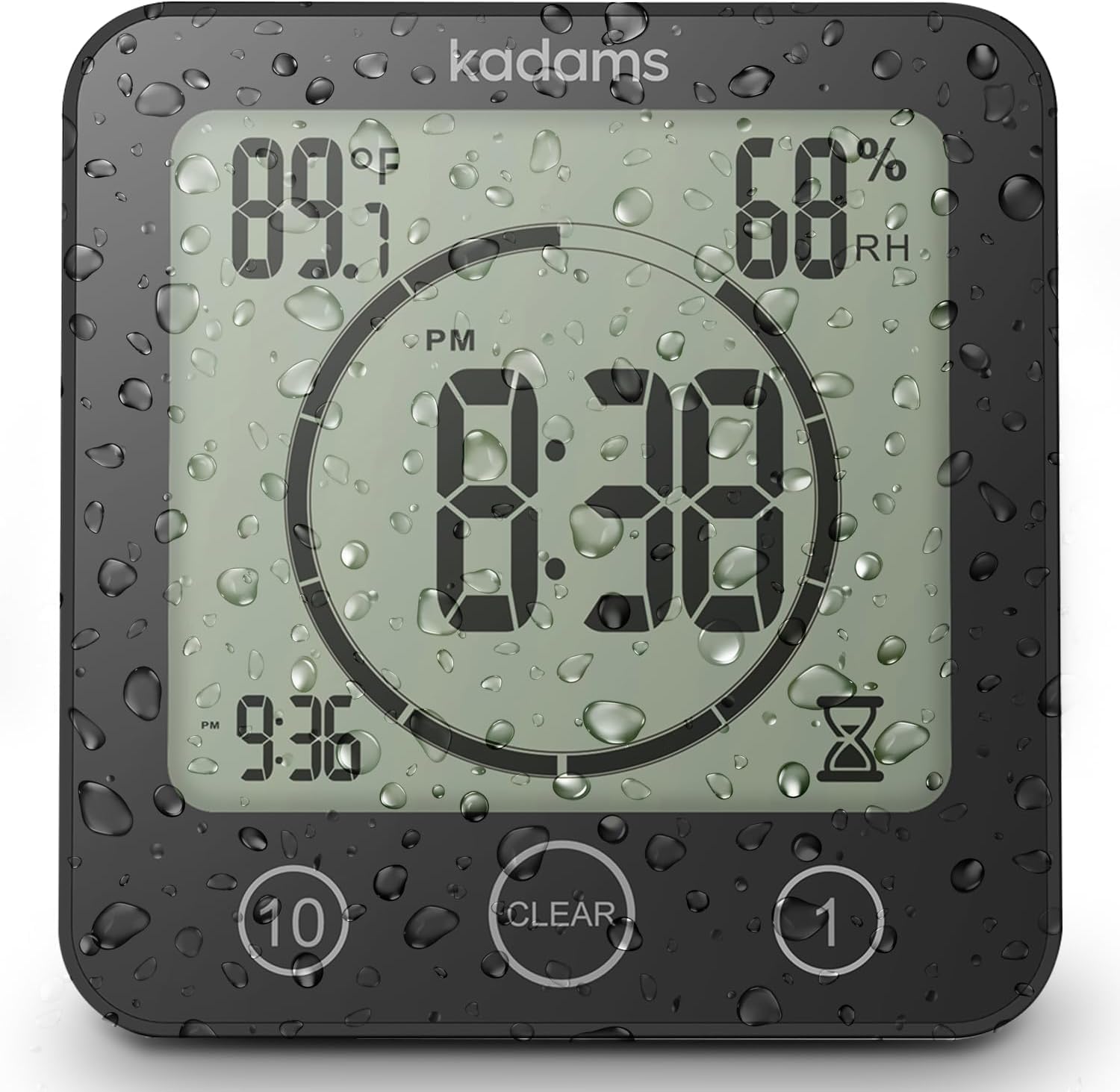 KADAMS Digital Bathroom Shower Kitchen Clock Timer with Alarm, Waterproof for Water Splashes, Visual Countdown Timer, Time Management Tool, Indoor Temperature Humidity, Suction Cup, Hole Stand - Black