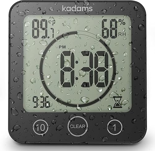 KADAMS - Temporizador digital con alarma, impermeable para pulverización de agua para baño, regadera, cocina, temporizador táctil, visualización de