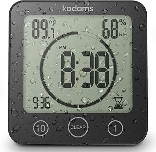 KADAMS Shower Clock Waterproof Bathroom Timer – Digital Wall Clock with Countdown, Magnetic Kitchen Clock with Temperature & Humidity, Suction Cup for Kids Shower Spa Cook Bath (Black)