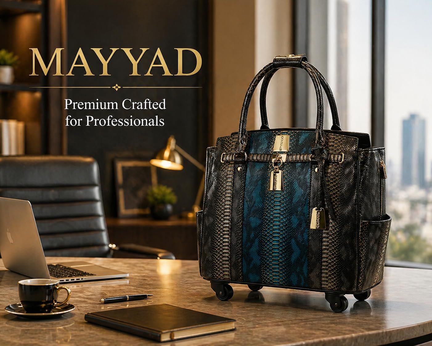 Rolling Laptop Bag for Women with Wheels & Handle Luxury Pure Leather Embossed Work Bag with Laptop Sleeve Travel Briefcase