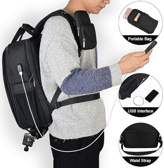 CADeN DSLR Camera Backpack Bag Waterproof Anti Theft with 15.6 inch Laptop Compartment, USB Charging Port, Tripod Holder, Rain Cover, Inner Case, Compatible for Sony Canon Nikon Olympus Black