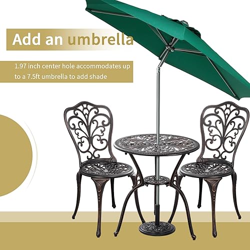 Miniatura 6 de Juego de mesa y sillas de patio para exteriores de 3 piezas, para todo tipo de clima, juegos de bistró de aluminio fundido con agujero para