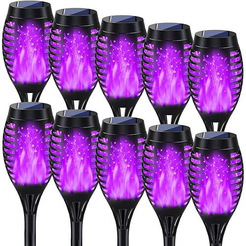 Outdoor Halloween Decorations, 10Pack Purple Flickering Flame Solar Torch Light for Yard Decorations, Waterproof Halloween Lights Outdoor, Solar Lights for Outside Decor Garden Patio Lawn Path Scary