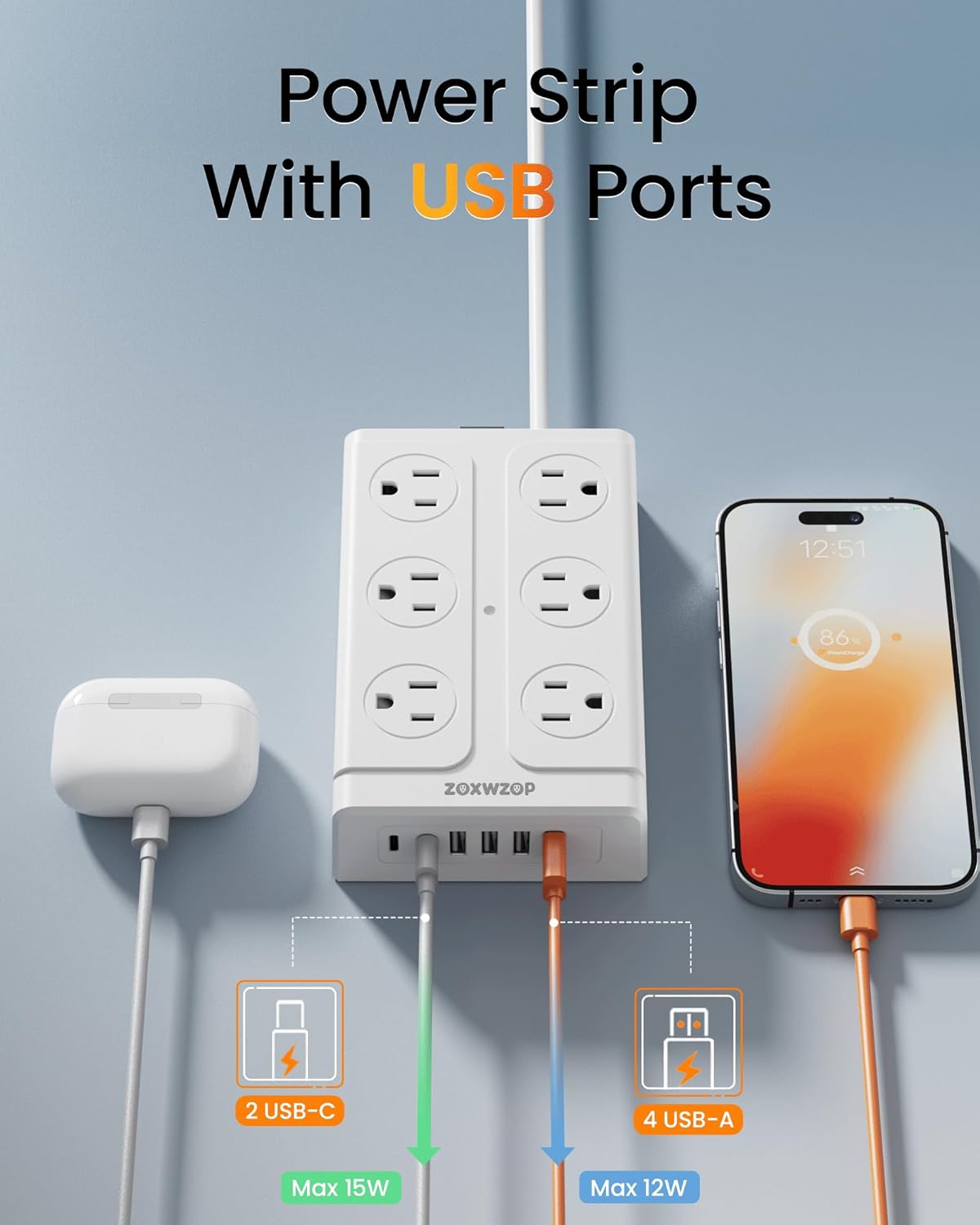 Surge Protector Power Strip - 12 Outlets(1850W/15A) 6 USB Ports（2 USB C, 6FT Flat Plug Extension Cord, Wall Mount Multi Plug Outlet Extender, ETL Listed for Home, Dorm Room