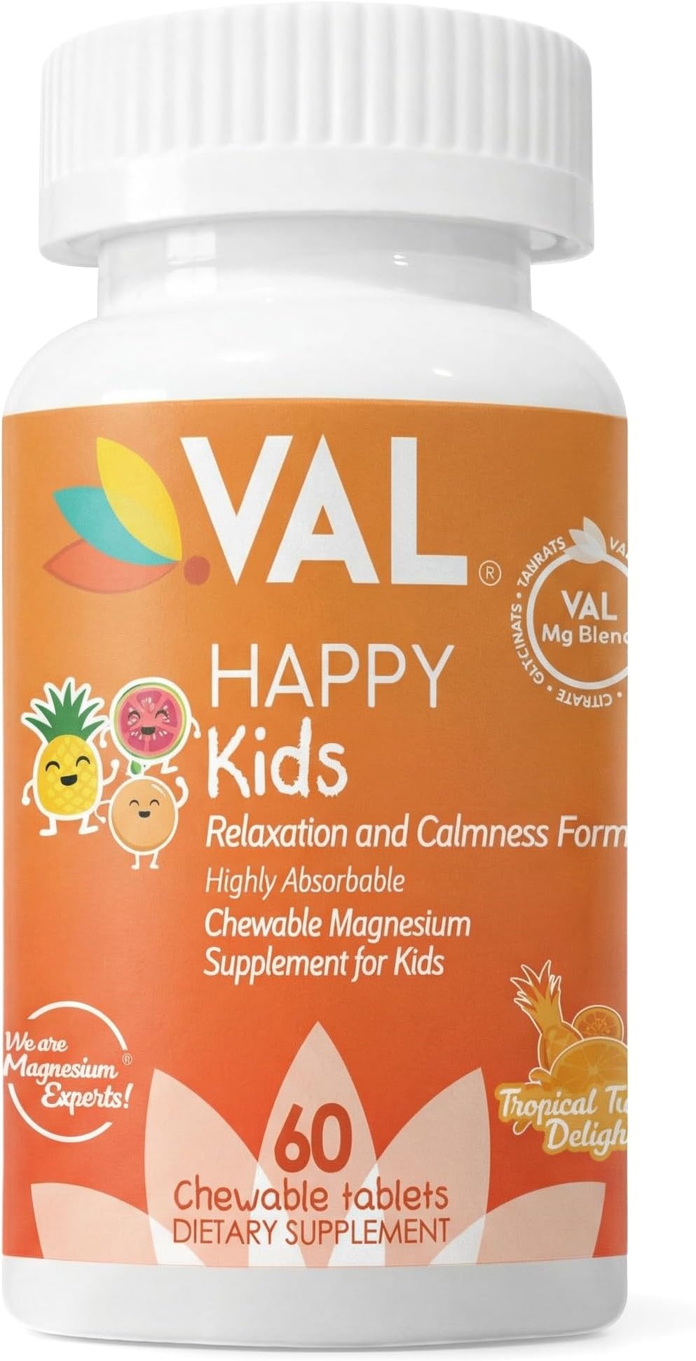 VAL Magnesium for Kids | High-Absorption Magnesium for Calm, Relaxation & Focus | Mg Glycinate, Citrate & Taurate | with Vitamin B6, D & C | Sugar-Free, Non-GMO | 60 Chewable Tablets
