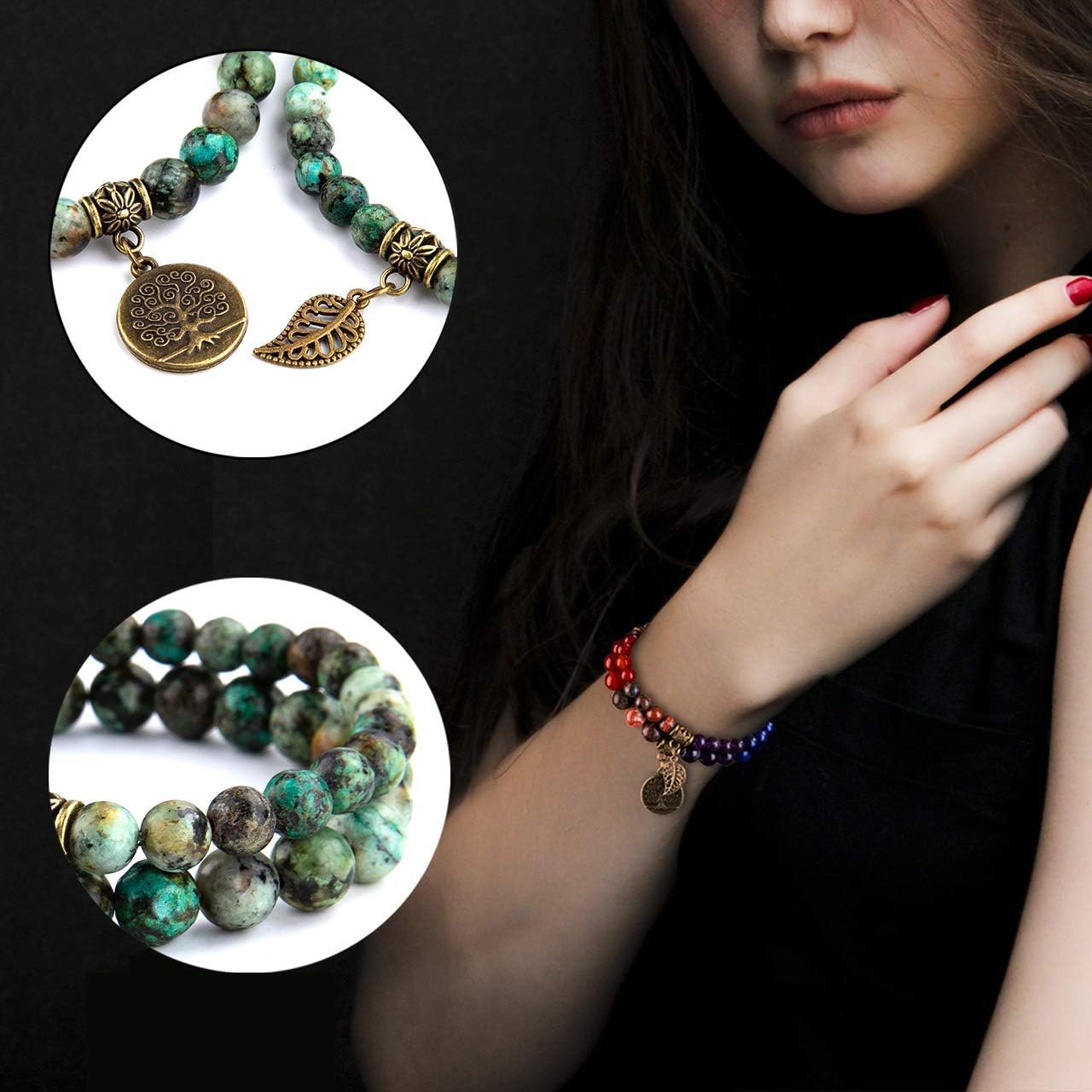 Bivei Life Tree and Leaf Charm Healing Anxiety Stretch Bracelets + 7 Chakra Bead Bracelets for Women