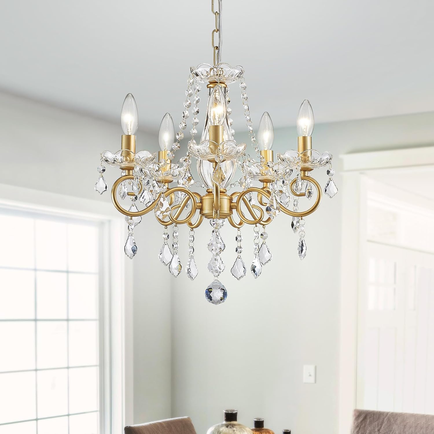 Mini Crystal Chandelier, Golden Crystal Lighting,5-Light Modern Chandelier for Living Room Kitchen Island Entryway Bedroom