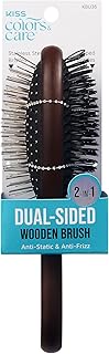 KISS Colors & Care Dual-Sided Wooden Wig Brush, Looped & Stainless Steel Bristles, Detangler for Natural & Synthetic Wigs, Durable Wood Handle, 2-in-1 Brush for Hairpieces & Extensions, Brown