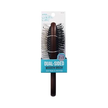 Kiss Colors & Care Dual-Sided Wooden Wig Brush, Looped & Stainless Steel Bristles, Detangler for Natural & Synthetic Wigs, Durable Wood Handle, 2-in-1 Brush for Hairpieces & Extensions, Brown