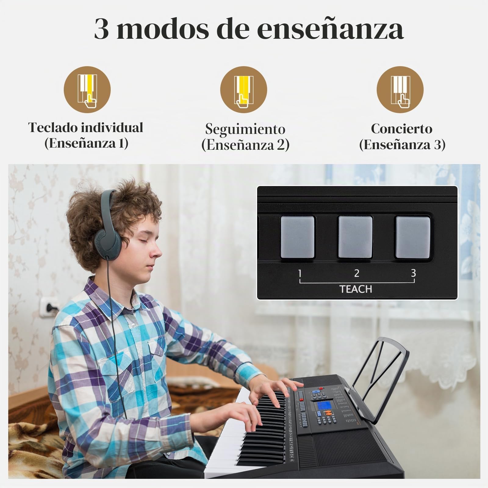 KOMFOTTEU Teclado Electrónico de 61 Teclas, Piano Digital con Soporte y Banco, Piano Electrónico con Micrófono, 300 Timbres y Ritmos, 50 Canciones de Demostración, Auriculares y Atril