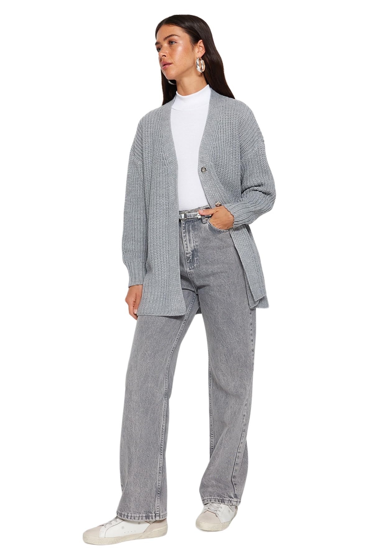 Trendyol Damen Grau Gerade Lange Ärmel Entspannt Hijab-Cardigan