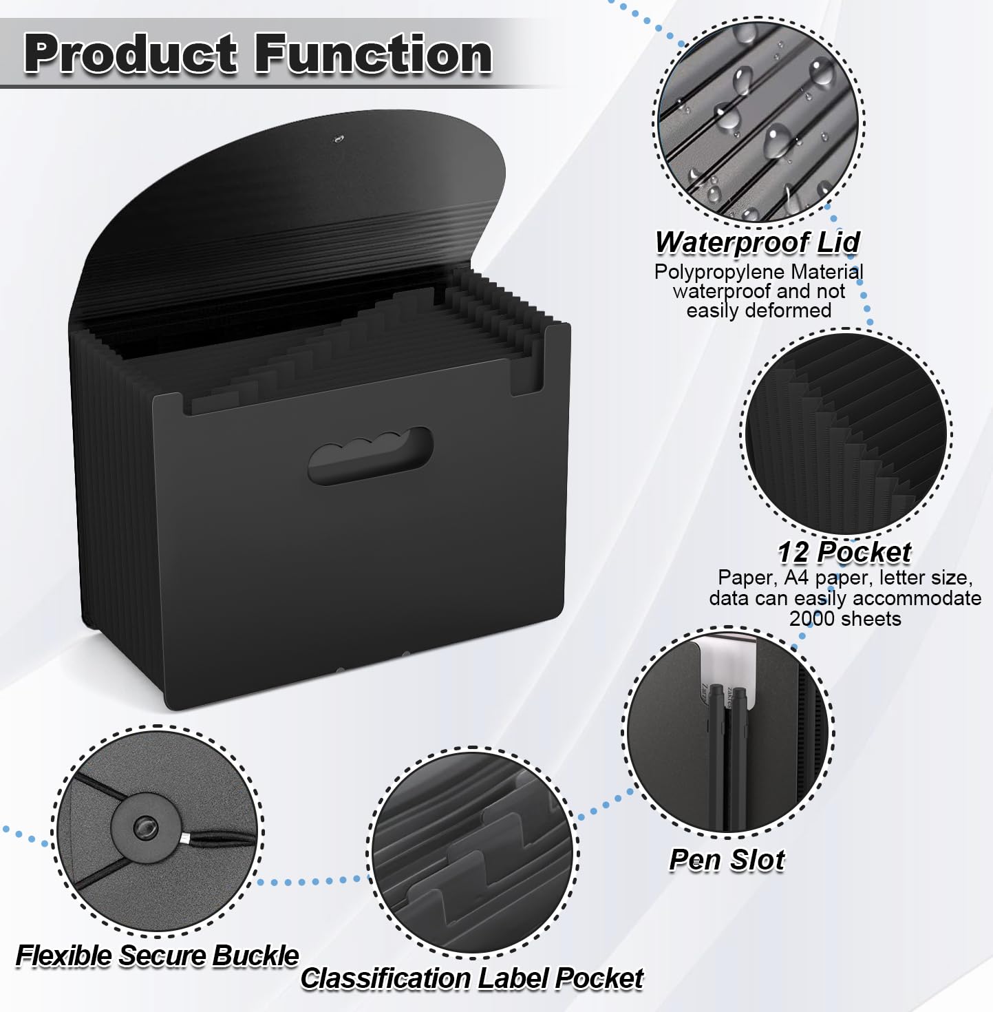 Vanulee Expanding Box File Organiser with 13 Pockets, Concertina A4 Document Folder, Black, 13-Pockets - Image 3