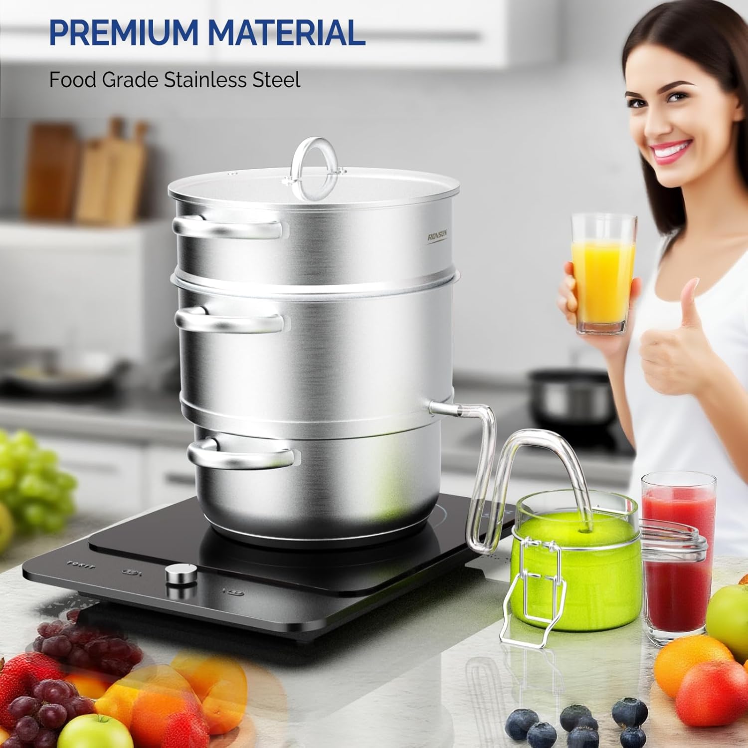 ROVSUN 8.5 Quart Juice Steamer Stainless Steel, Extractor Fruit Vegetables Juicer Steamer Pot, w/Tempered Glass Lid Clamp, Loop Handles, Ideal for Making Juice, Jelly, Pasta