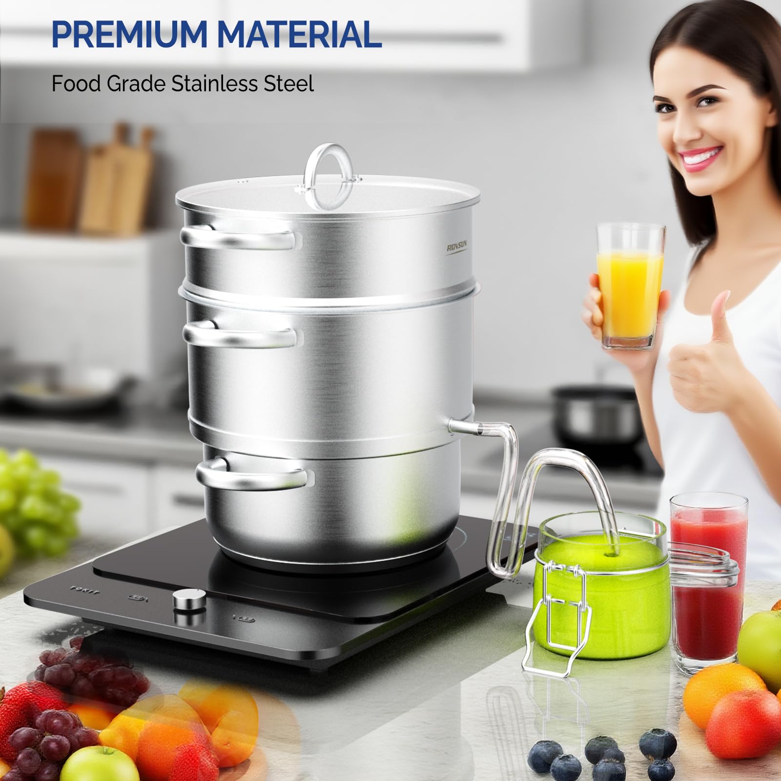 Vaporizador de jugo de acero inoxidable de 8.5 cuartos de galón, extractor de frutas y verduras, olla de vapor, con abrazadera de tapa de vidrio templado, asas de bucle, ideal para hacer jugo 3