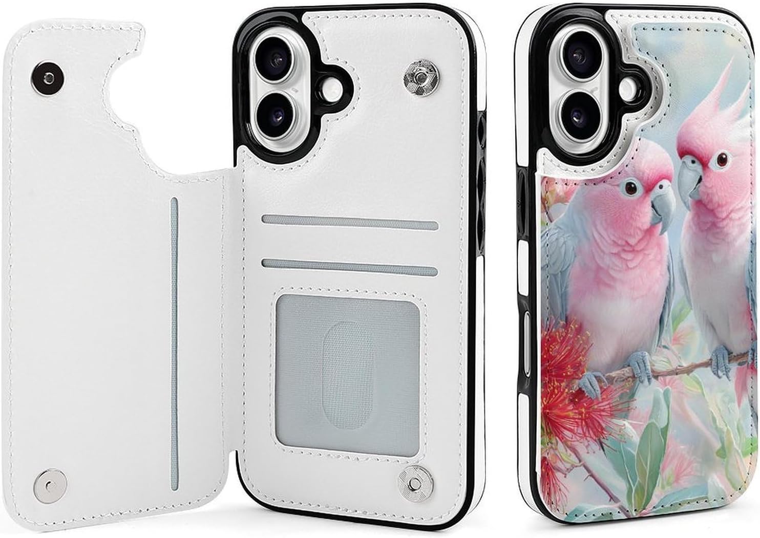 Cockatoos and Flowers Funny Flip Phone Case Compatible with iPhone 16/16 Plus/16 Pro/16 Pro Max /16 E/16 SE4 Kickstand Card Slots Case