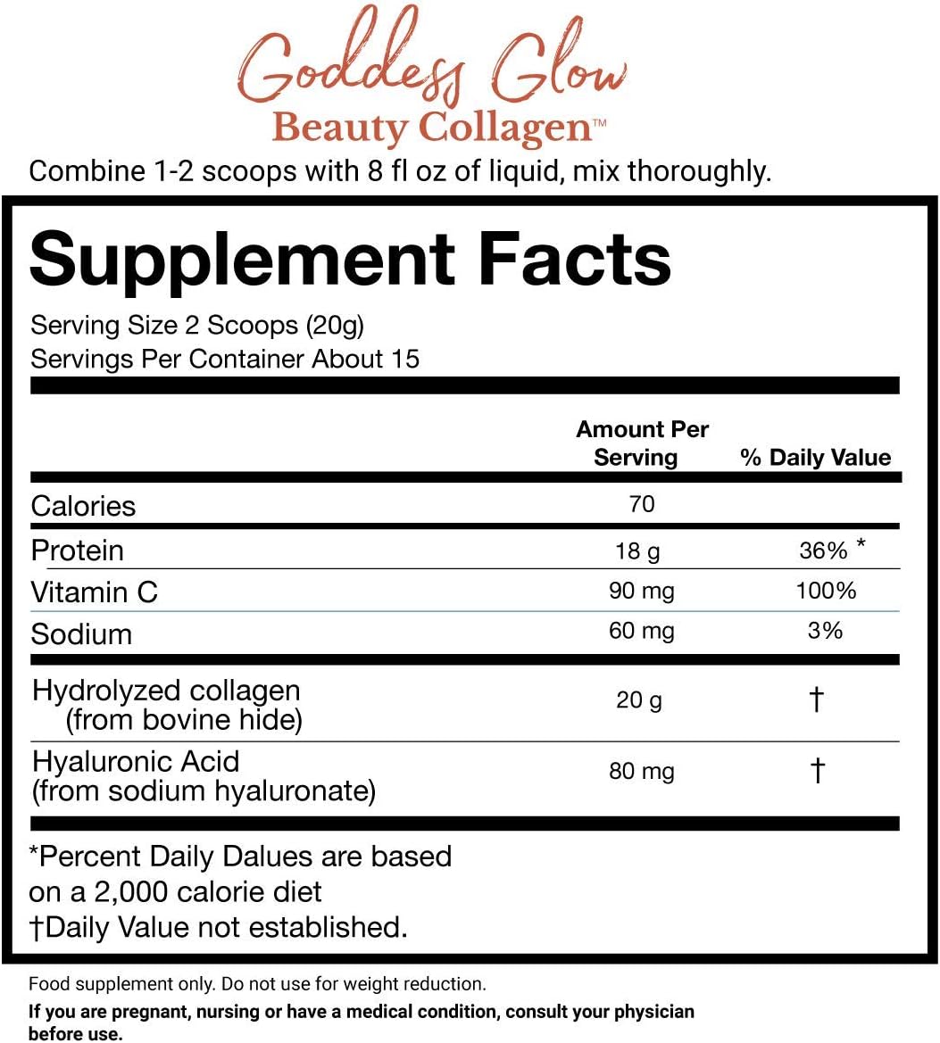 Goddess Glow Collagen Peptides Powder for Women (Type I, III) for Beauty, Healthy Hair, Skin, Nails, & Joints Plus Hyaluronic Acid & Vitamin C - Unflavored, Keto Friendly, Gluten-Free by MenoLabs : Health & Household