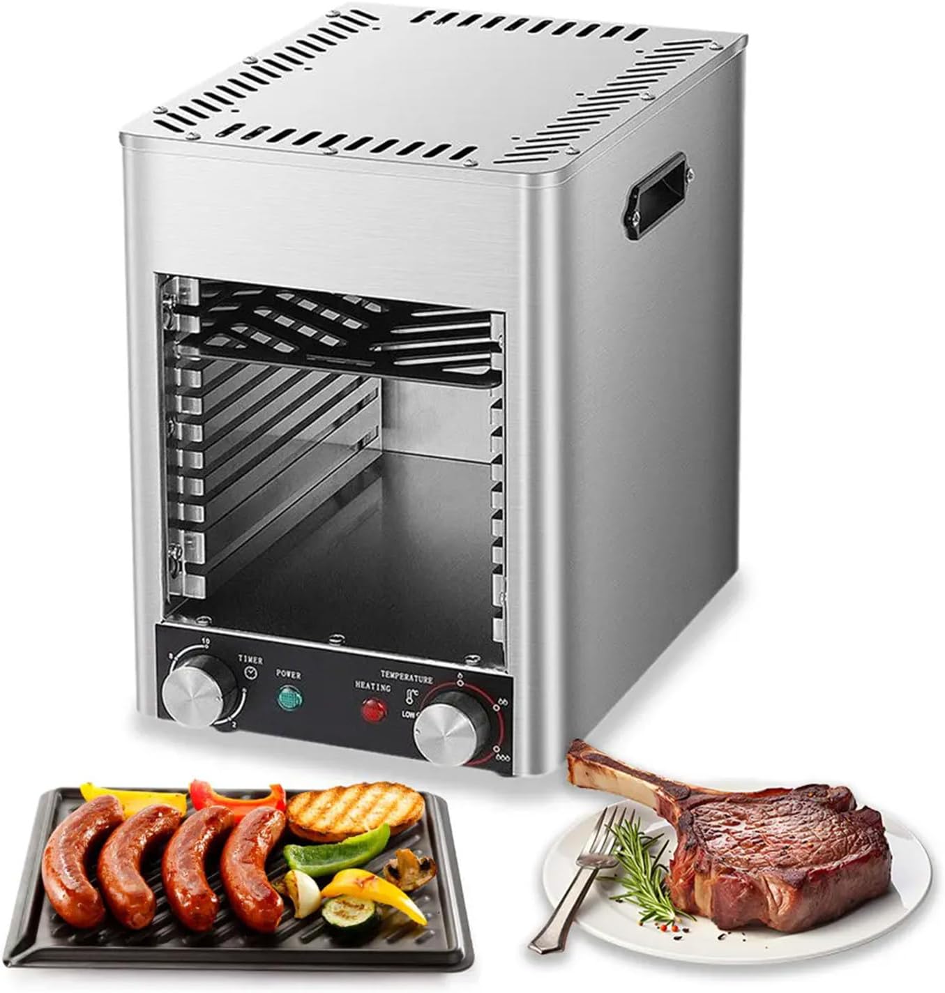 Commercial Indoor Broiler 1700W Electric Steak Broiler Stainless Steel Steak Cooker, with Timer & 9 Height Settings, 800℃ Temperature Adjustment, 5min Fast Preheating