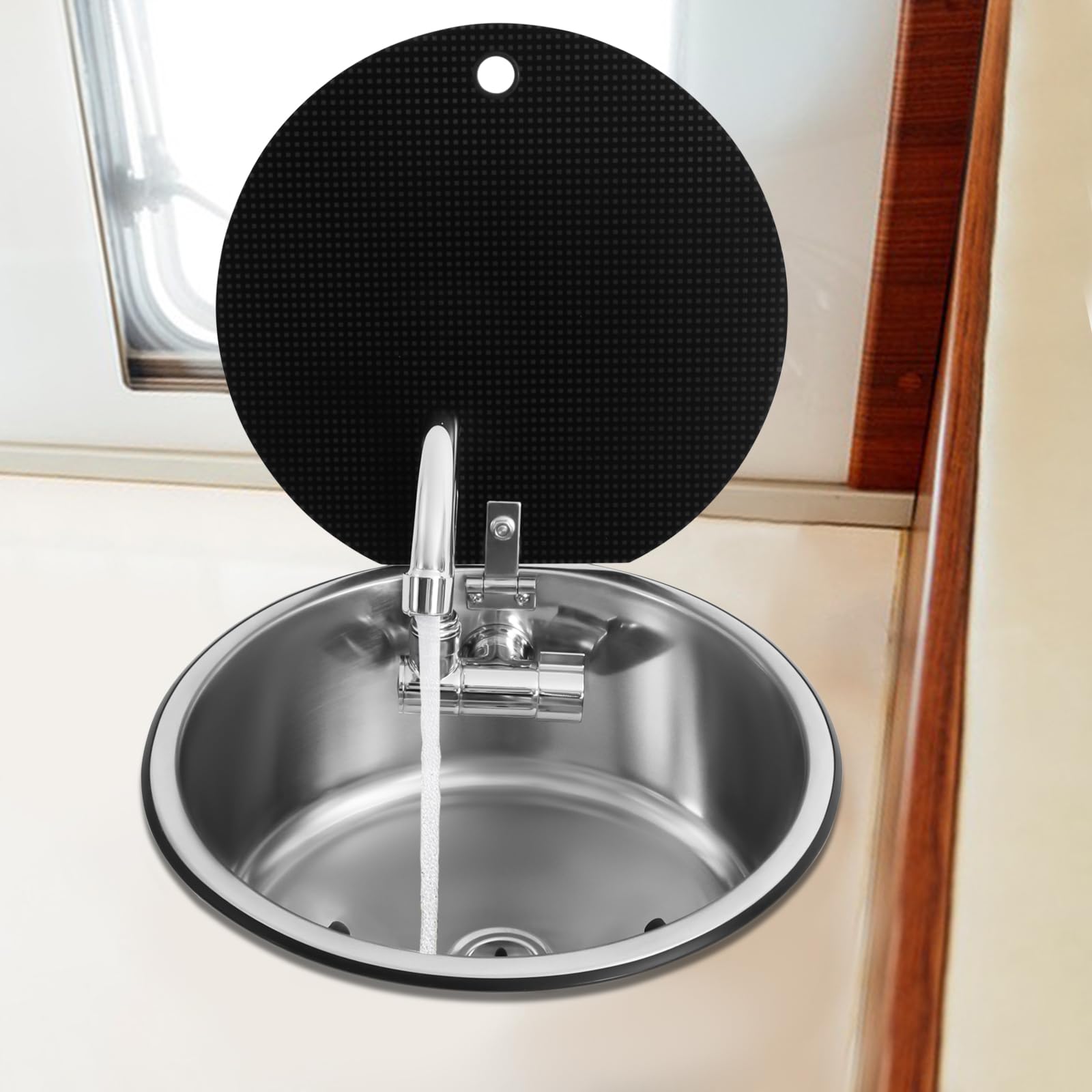 Kit di lavandino da campeggio, lavello da esterno, lavandino rotondo con rubinetto, per roulotte, roulotte Airstream, camper, roulotte Airstream, in acciaio inox, 34 x 15 cm