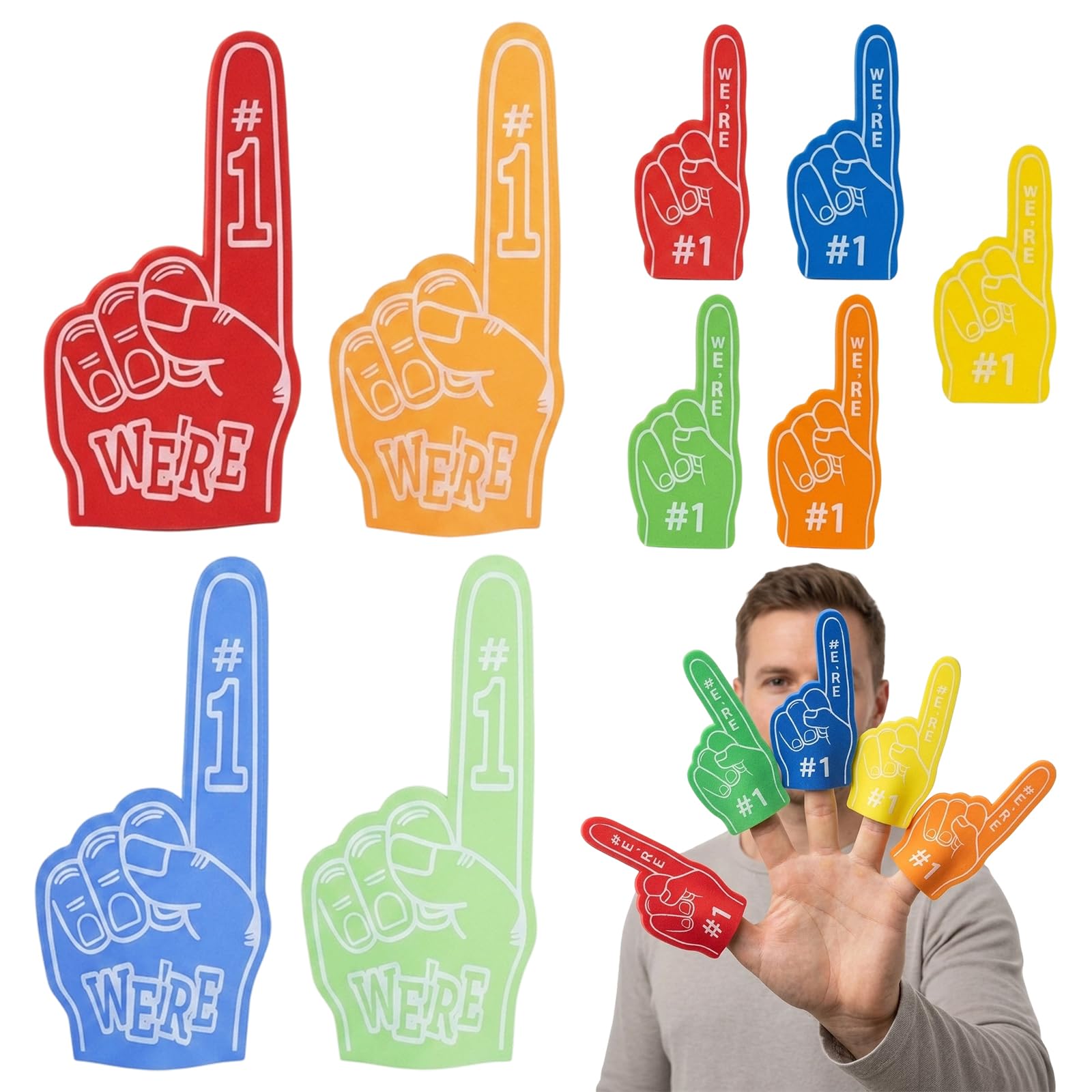 Foam Finger, 4 Pcs Gladiators Foam Hands with 5 Extra Fingers, Vibrant Sports Fan Accessories for Stadium Events and Photo Sessions, Multi-Colour Giant Number One Cheering Props