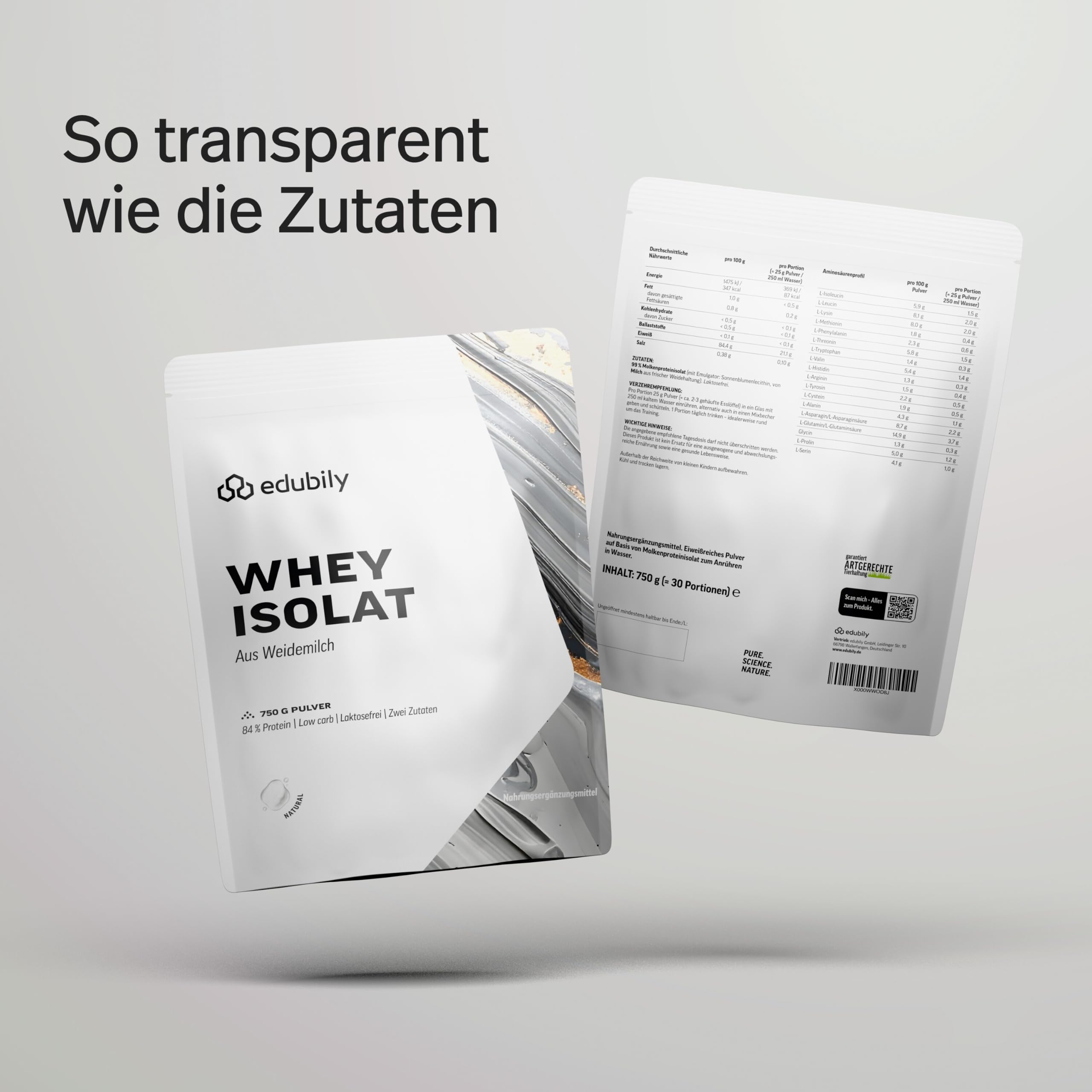 edubily® Whey Protein Isolat - Laktosefrei - Sehr gut lösliches Eiweißpulver ohne Kohlenhydrate & Zucker - Aus irischer Weidehaltung (750 g, Neutral)
