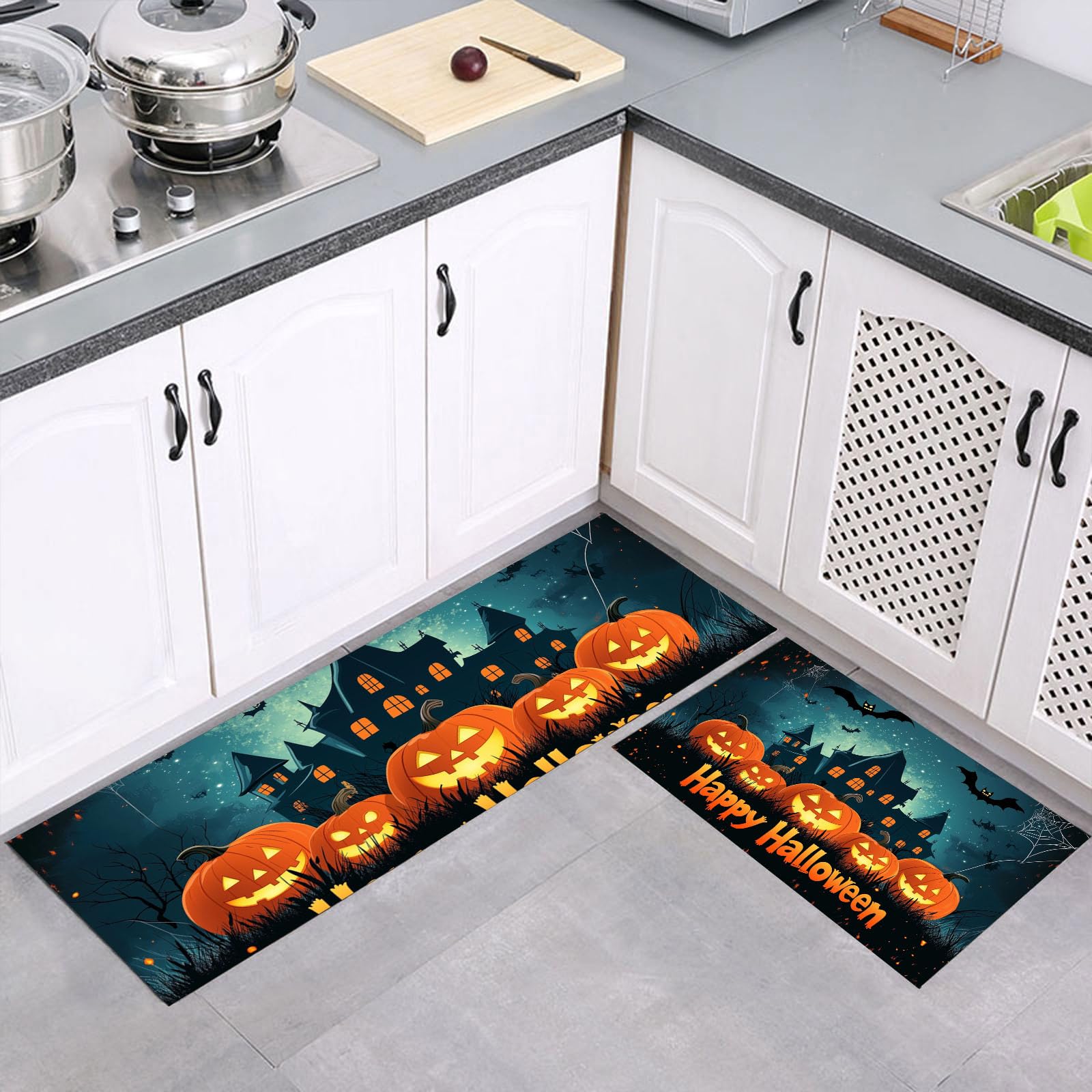 Alfombras de cocina antifatiga para Halloween: comodidad gris-verde con calabazas