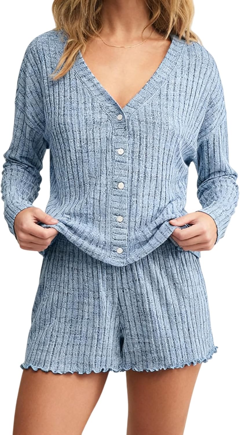 Dressmine Pajama Sets for Women 2 Piece Shorts Cute Button Up Pjs Set Fall Sleepwear Long Sleeve Loungewear Sets