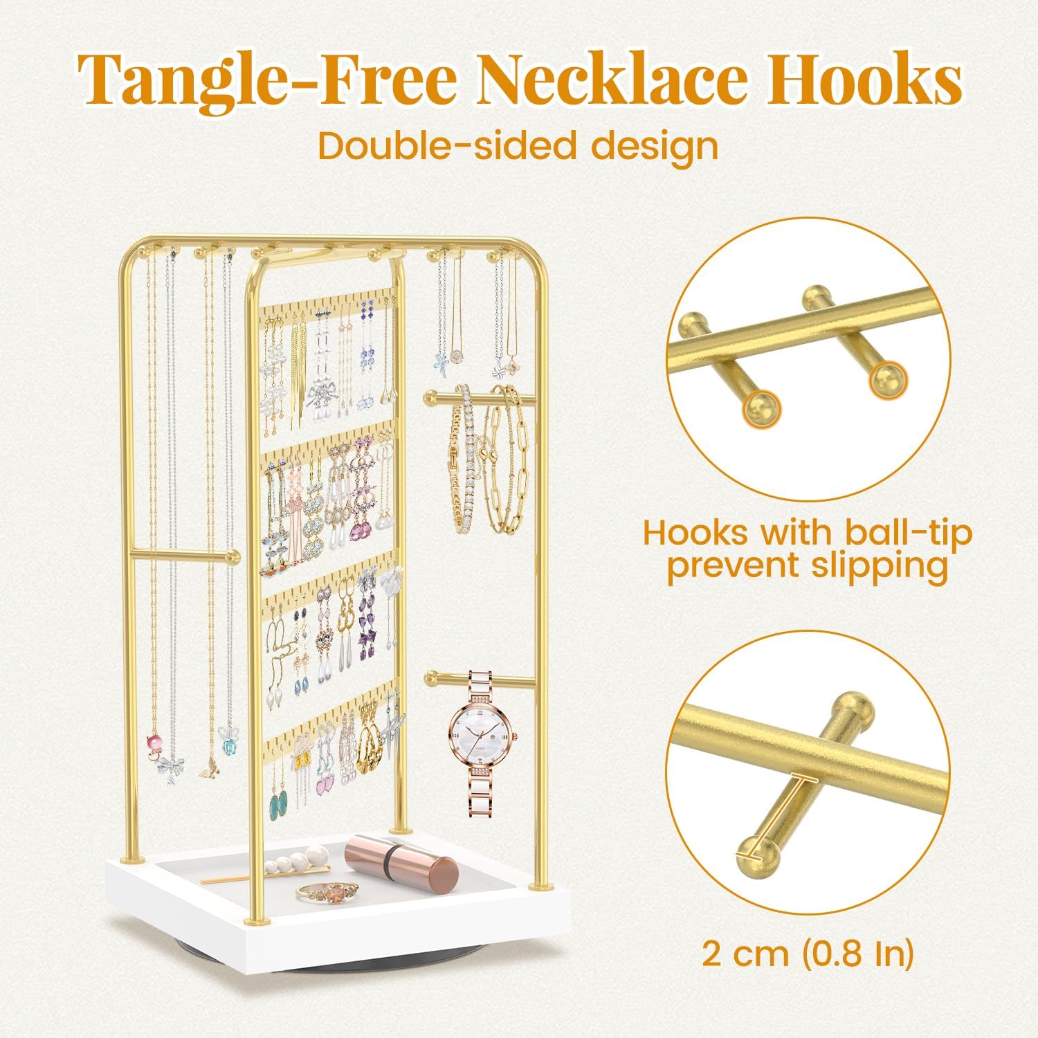 EsLuker.ly Earring Necklace Holder Organizer Jewelry Display Stand, Rotating Wood Earring Tower Rack with 12 Necklace Hooks for Women Vendors Selling, Countertop Bracelets Storage Tree, Gold White