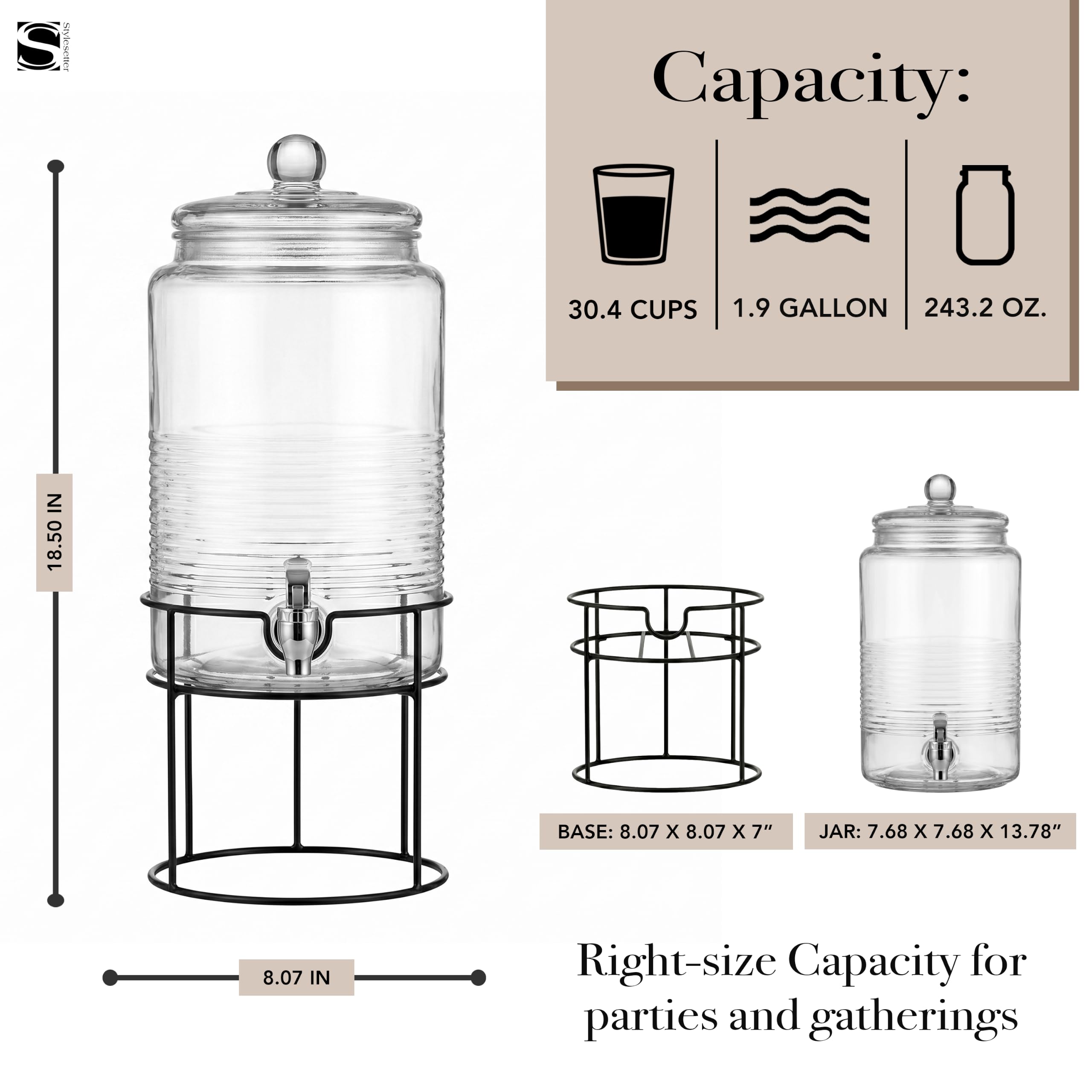 Dispensador de bebidas frías Style Setter con jarra de vidrio de 1.9 galones, tapa de vidrio y espiga acrílica a prueba de fugas, ideal para fiestas, bodas y más